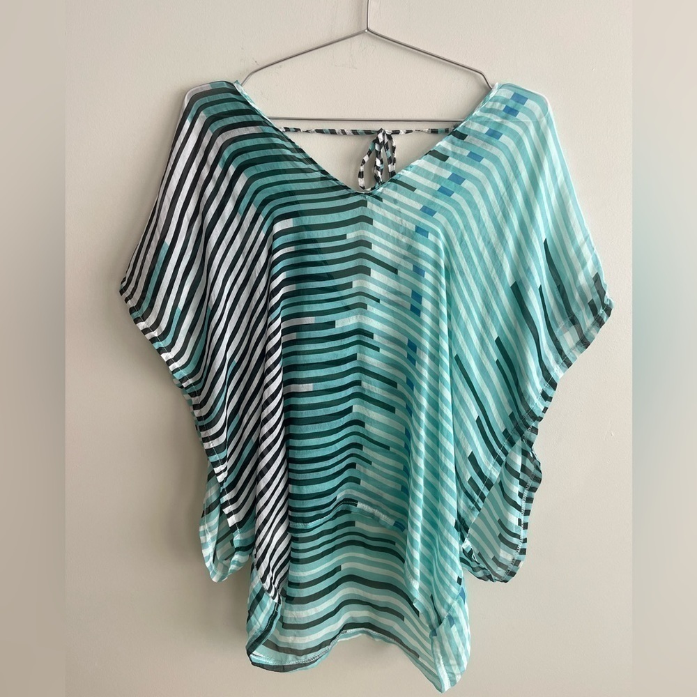 100% Silk Seafoam Green and Stripes V Neck Top with Tie